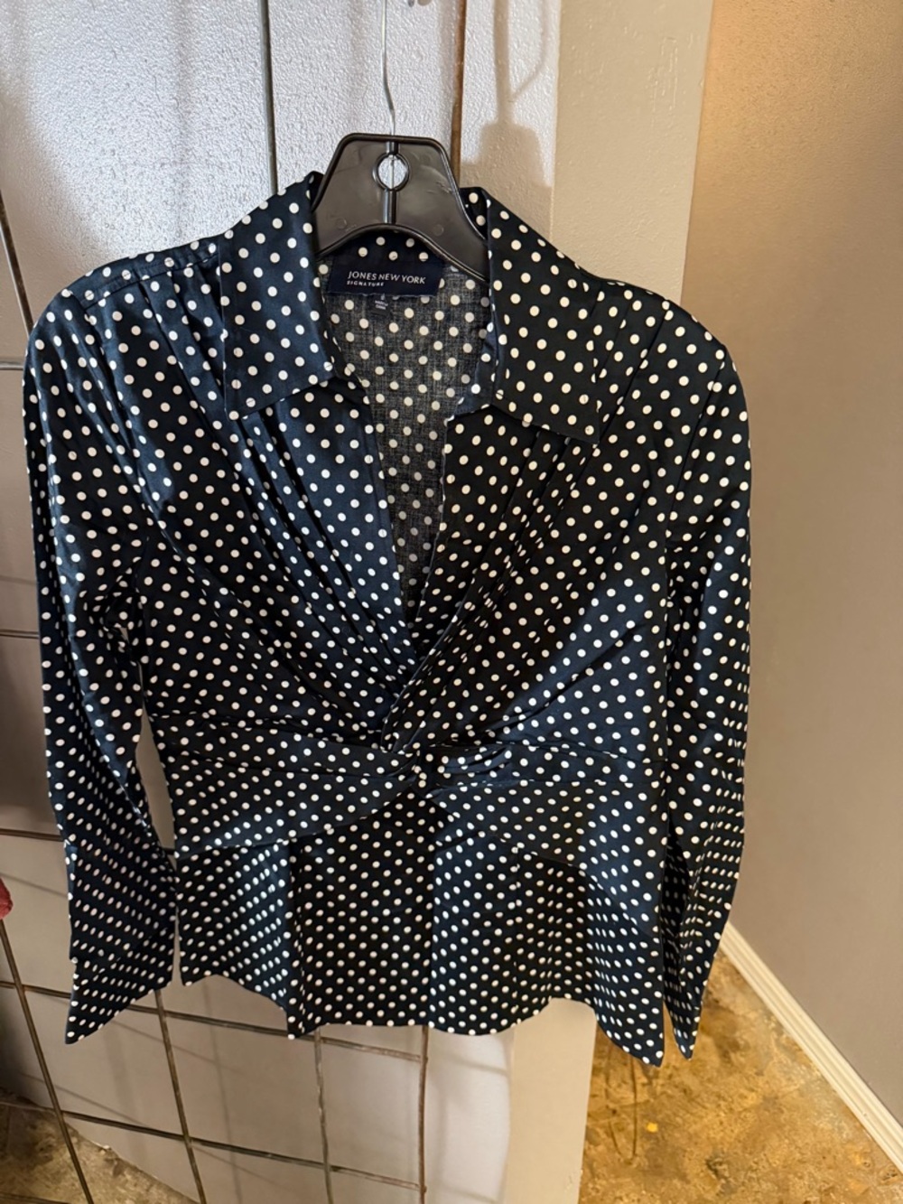 Jones New York Black with White Polka Dot Twist-Front Top